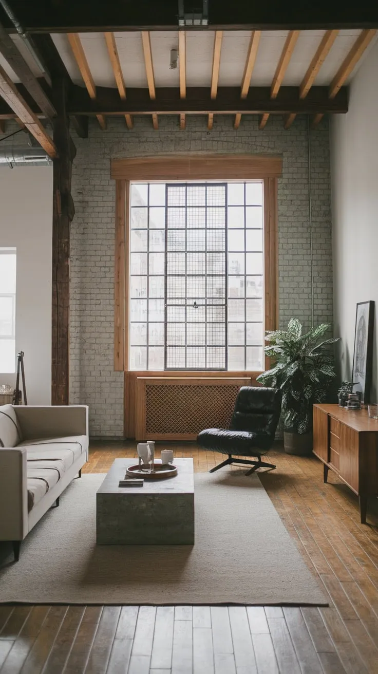 High ceilings, exposed brick, and wooden beams define this Japandi-inspired industrial living room, its concrete and wood furnishings creating a stylish contrast.