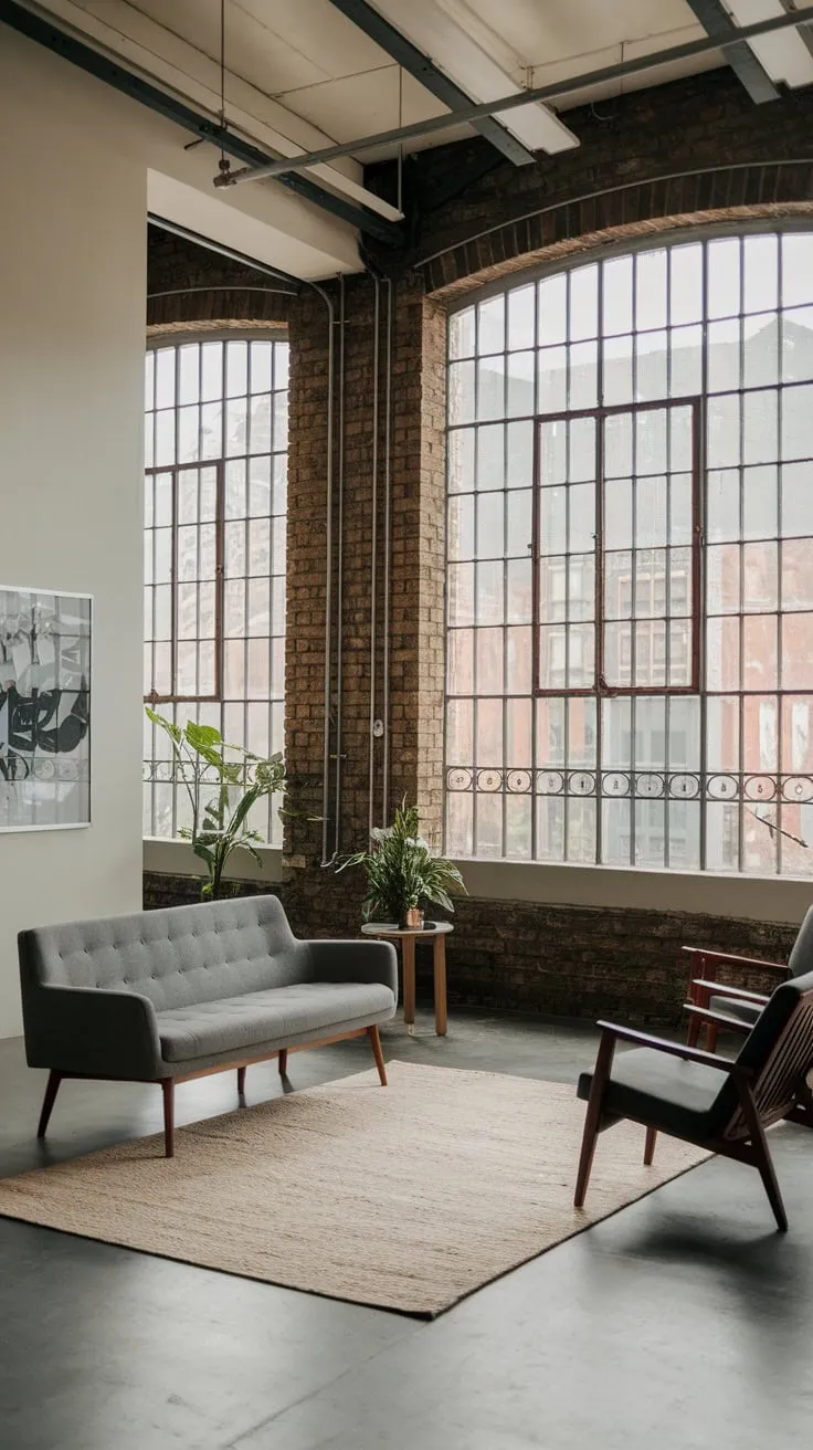 A modern industrial living room boasts high ceilings, exposed brick, and iron window bars, creating a stylish yet comfortable space.