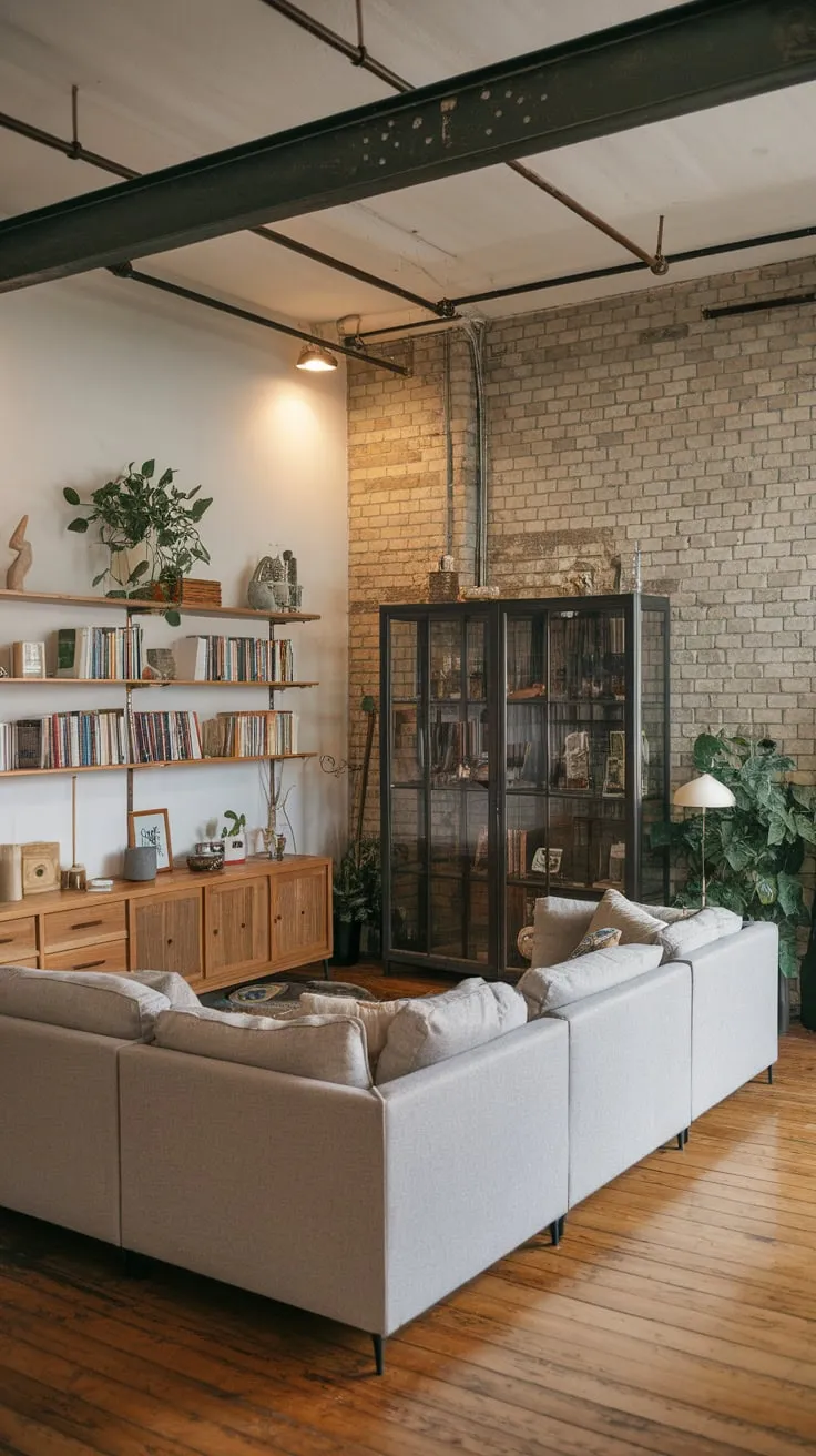 A light grey sofa anchors a stylish industrial living room, softened by wooden accents and a touch of Japanese minimalism.