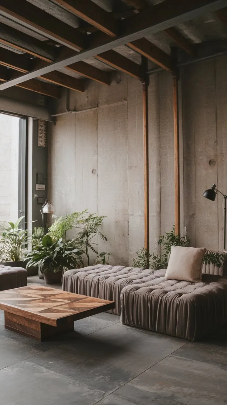 High ceilings, exposed beams, and concrete walls create a stunning Japandi-inspired modern industrial living room, grounded by plush grey seating and geometric wooden accents.