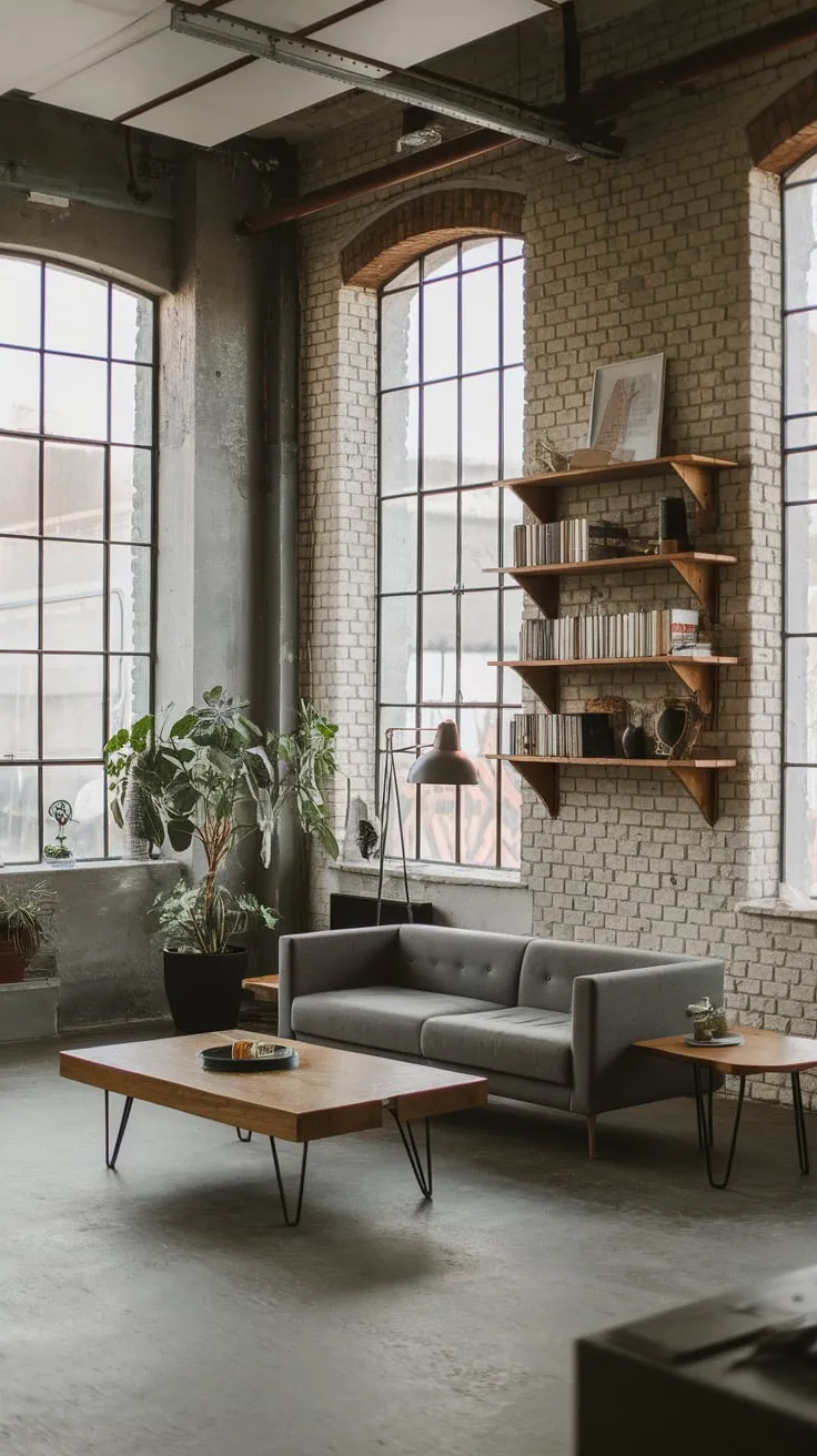 Exposed brick and high ceilings define this modern industrial living room, its concrete floor and simple furnishings creating a stylishly raw space
