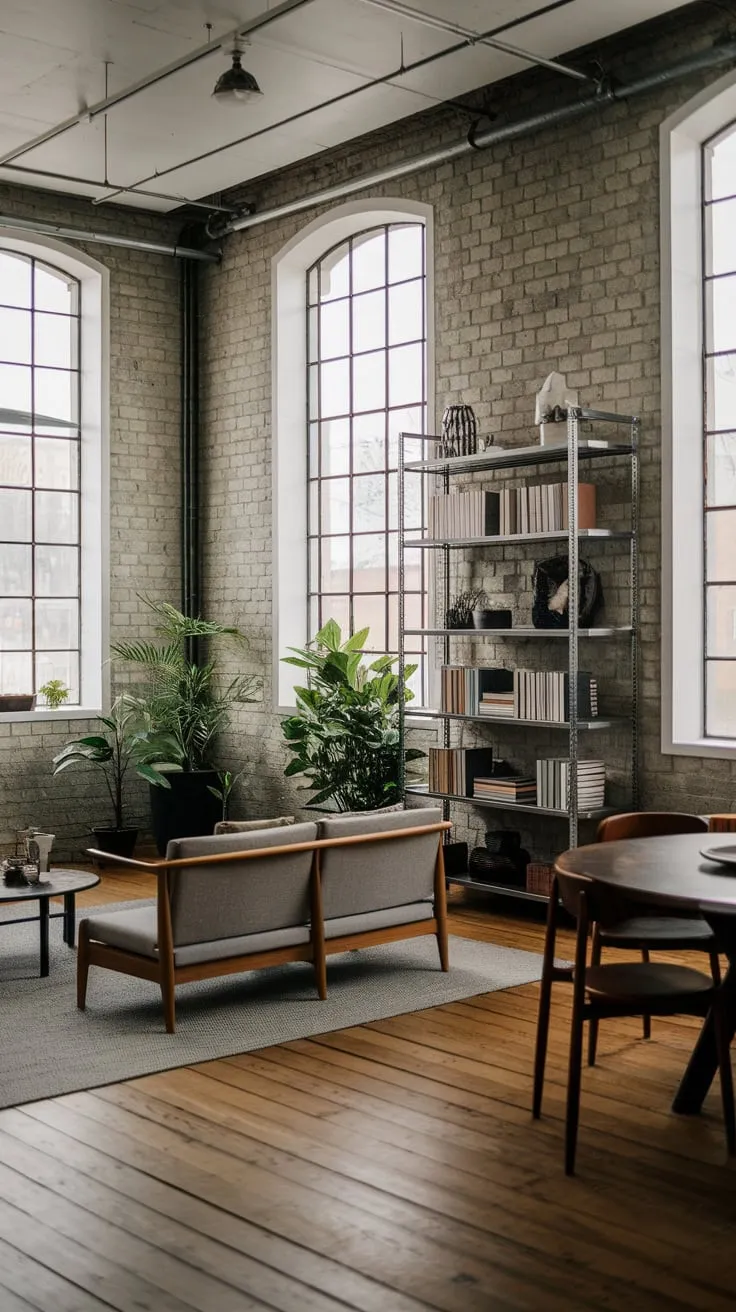 A modern industrial living room blends Japandi minimalism with exposed brick, large windows, and natural wood for a bright and airy space.