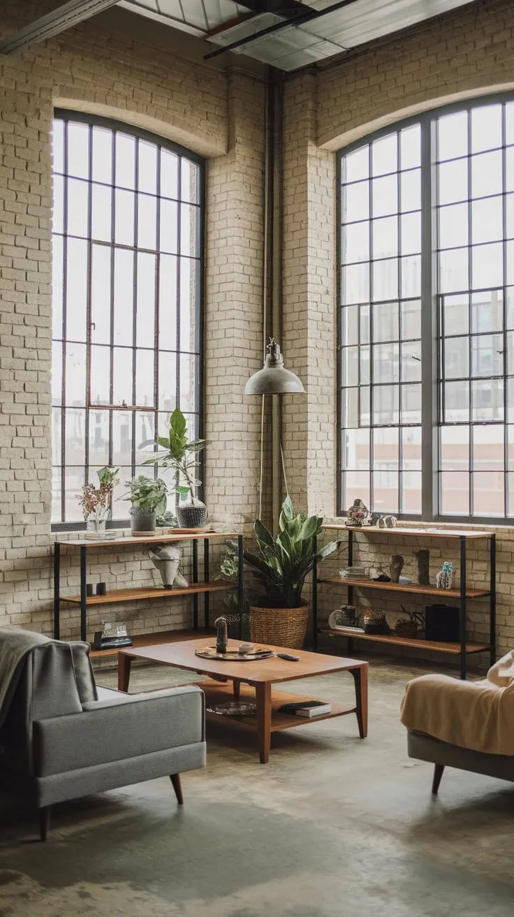 High ceilings, exposed brick, and warm wood accents create a uniquely inviting Japandi-inspired industrial living room.
