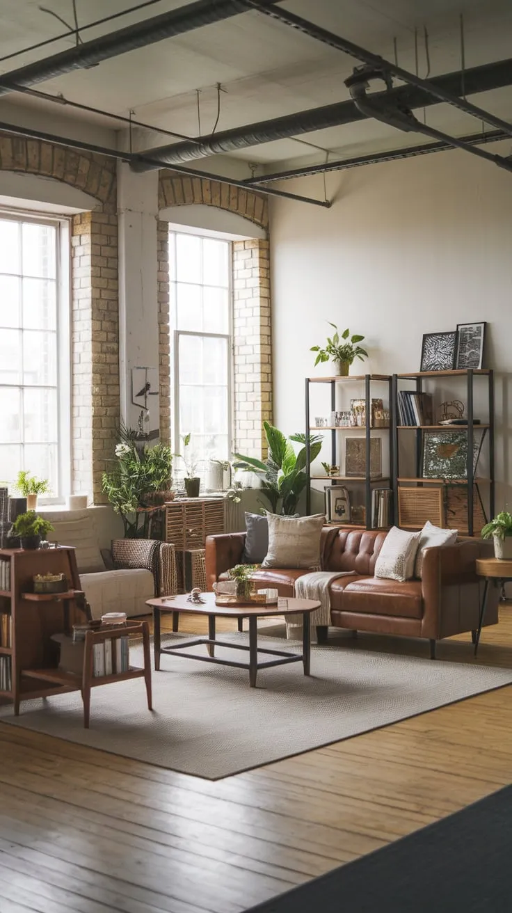 A blend of industrial grit and Scandinavian simplicity defines this airy living room with its high ceilings and wooden floors.