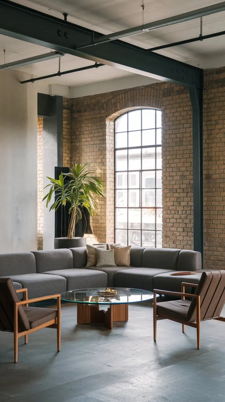 Exposed brick, steel beams, and concrete floors create a raw yet stylish modern industrial living room, perfectly complemented by comfortable grey furniture and pops of pattern.