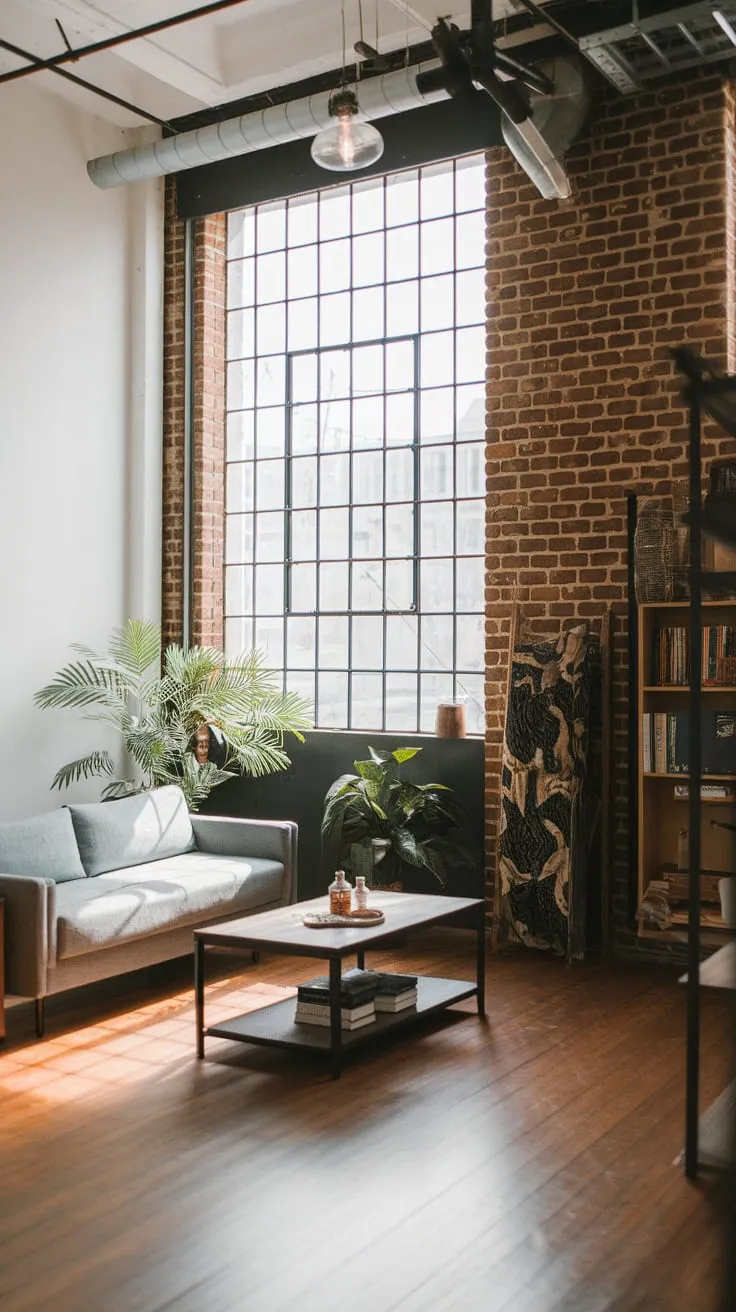 High ceilings and natural light flood a Japandi-inspired industrial living room, showcasing exposed brick, wood floors, and modern furnishings.