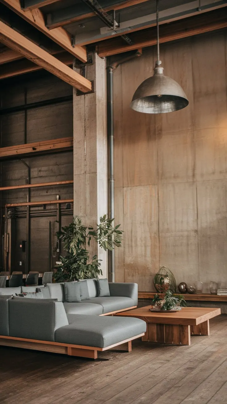 Raw concrete and exposed beams meet warm wood and plush gray seating in a stylish modern industrial living room.