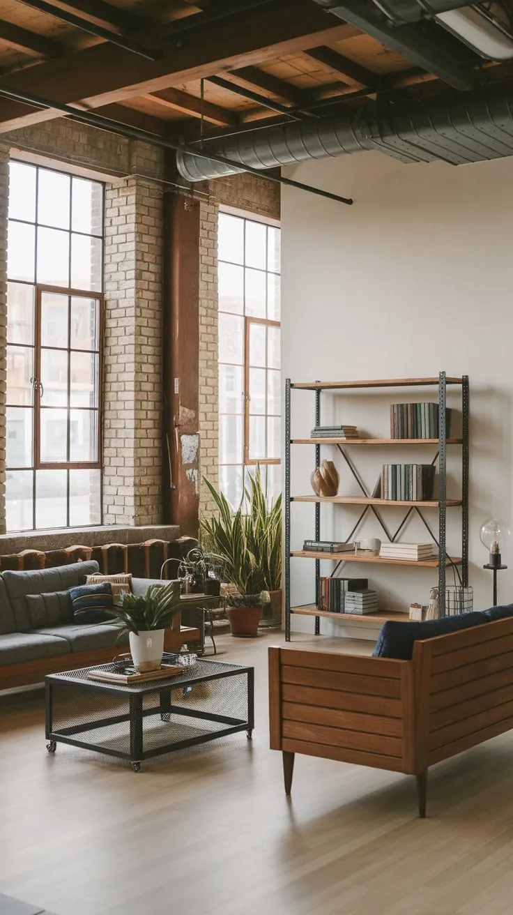 High ceilings and exposed brick meet sleek metal and warm wood in this Japandi-infused industrial living room.
