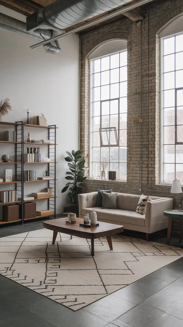 A blend of industrial grit and Japandi serenity defines this airy living room with its exposed brick, high ceilings, and carefully curated furnishings.