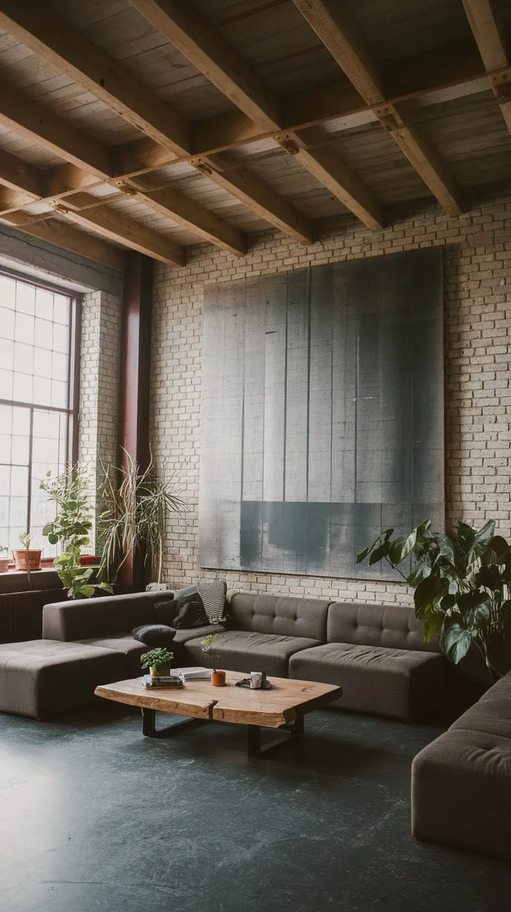 Raw brick, high ceilings, and dark grey concrete create a sophisticated industrial living room, accented by warm wood and pops of green.