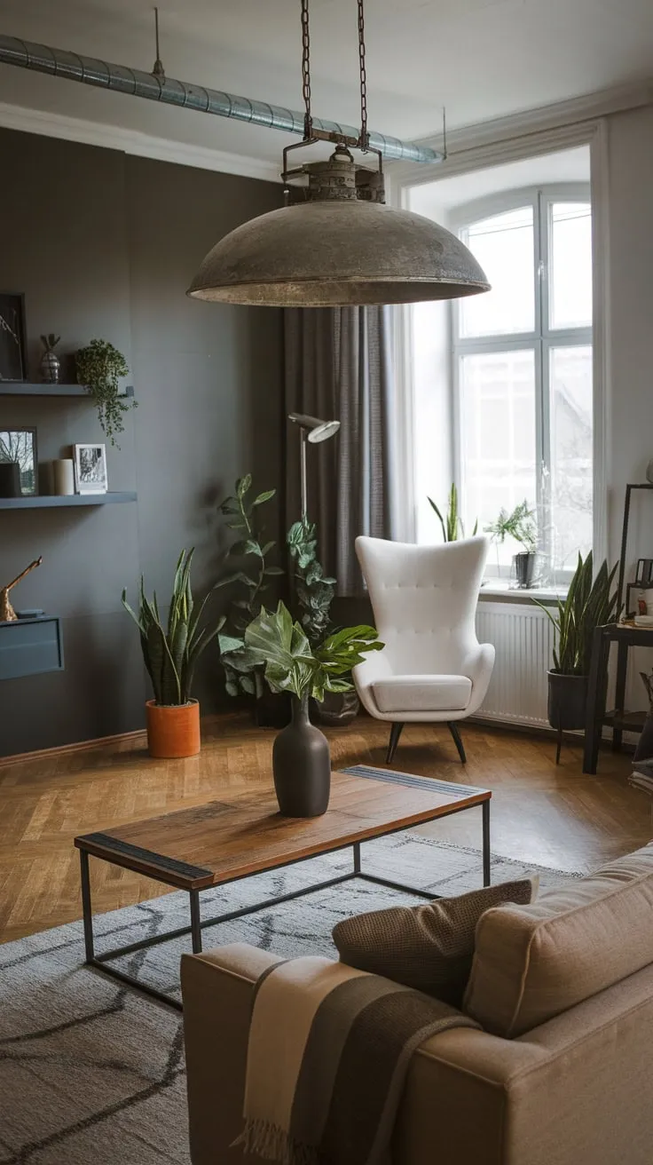 Raw industrial elements blend with natural textures in a stylish and airy living space.