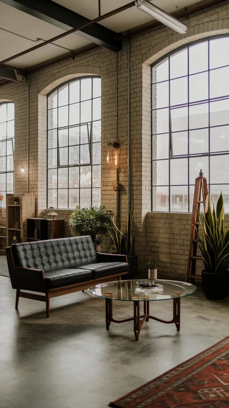 A sleek black leather sofa and wooden accents contrast beautifully against the rugged texture of an industrial-chic living space.