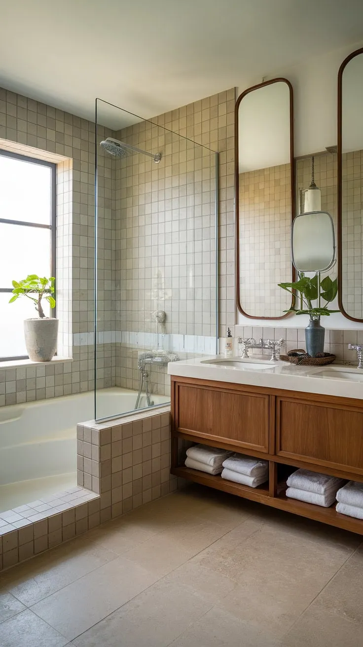 Find your zen in this exquisitely designed bathroom. The clean lines and natural materials of this Japandi-style space create a haven of tranquility. The dual sinks and built-in bathtub seat offer both practicality and luxury, while the glass shower enclosure adds a modern touch. A truly restorative retreat awaits.