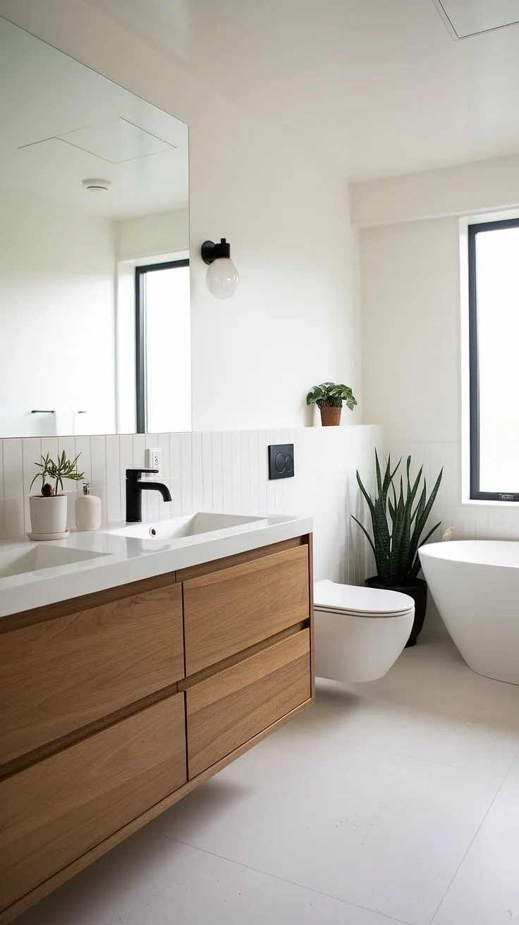 Serene sanctuary. This Japandi-inspired bathroom balances minimalist aesthetics with natural warmth, creating a space of calm and understated elegance. The wooden vanity, freestanding tub, and thoughtful placement of greenery offer a perfect blend of functionality and tranquility. A feeling of spaciousness is achieved through the large format tiles and clean lines.