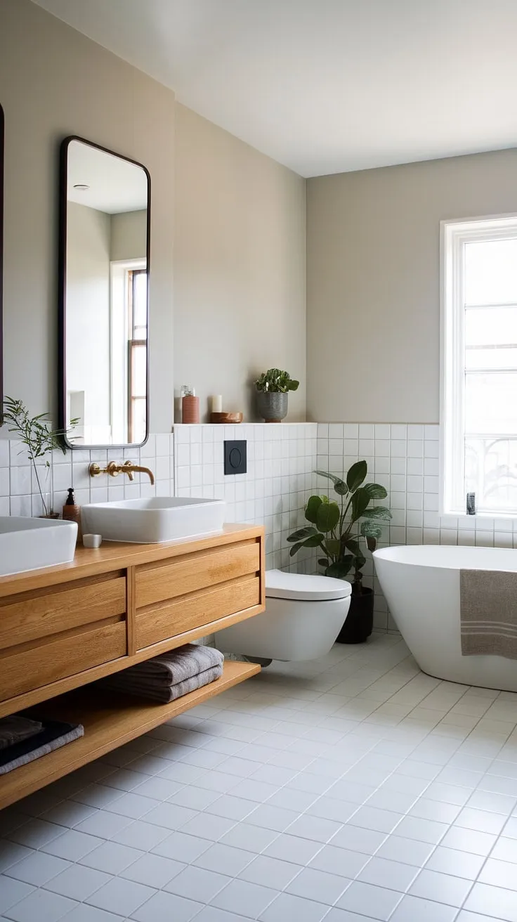 Serene sanctuary. This Japandi-inspired bathroom, with its calming natural palette and minimalist design, offers a tranquil escape. The warm wood tones of the double vanity contrast beautifully against the cool grey walls and white tiles, creating a space of understated elegance and effortless style. A touch of nature, courtesy of the potted plant, completes the harmonious atmosphere.