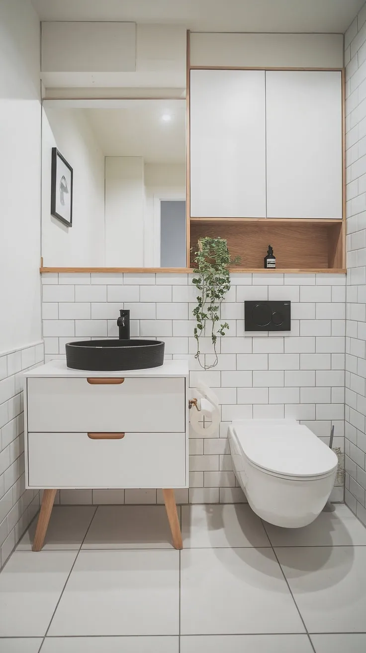Find your zen in this minimalist Japandi bathroom. The clean white tiles, wooden shelving, and contrasting black sink create a harmonious balance. The carefully curated details, including the small potted plant, elevate the space to a sanctuary of tranquility.