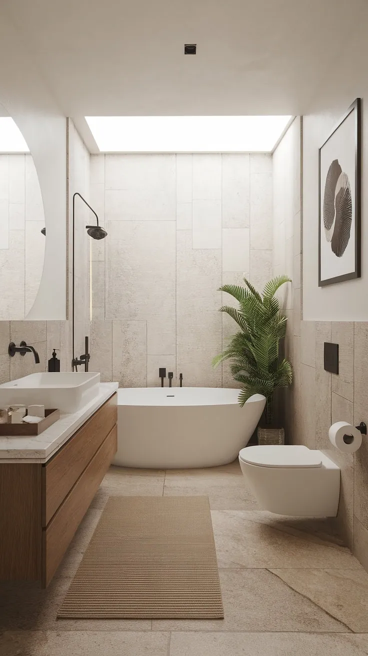 Serene sanctuary. Natural light floods this Japandi-inspired bathroom, highlighting the minimalist design and calming atmosphere. The wooden vanity, white bathtub, and carefully chosen artwork create a space of understated elegance. A perfect blend of modern and traditional aesthetics.