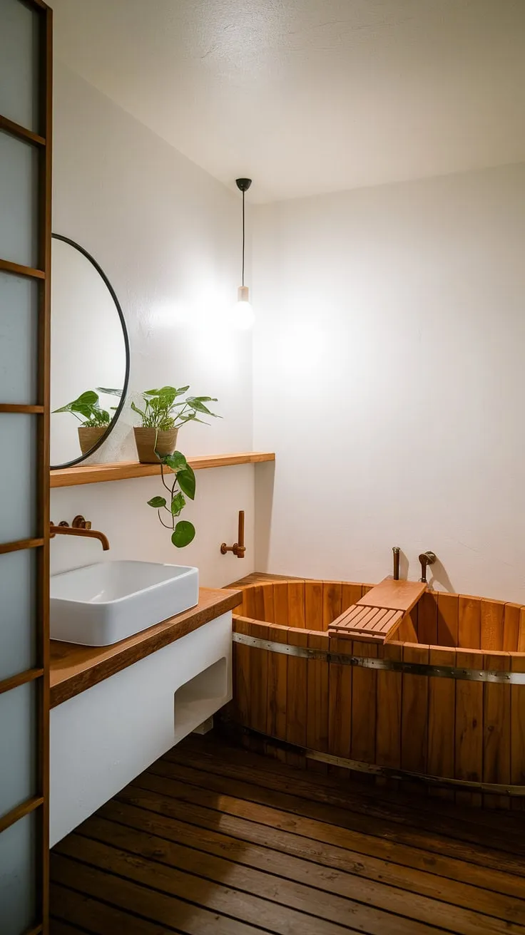 Indulge in tranquility. This Japandi-inspired bathroom, with its sleek wooden bathtub and calming neutral palette, offers a sanctuary for the soul. The natural textures and minimalist design create a space of serene beauty, perfect for unwinding after a long day. A perfect blend of Japanese minimalism and Scandinavian functionality.