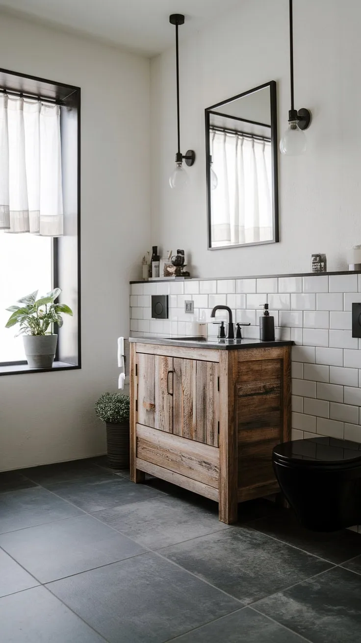 This Japandi-inspired bathroom is a sanctuary of calm. The natural wood vanity and black accents provide a sophisticated contrast against the crisp white walls, while the gray tiles and window plant bring a touch of the outdoors in. A space designed for mindful moments and peaceful escapes.