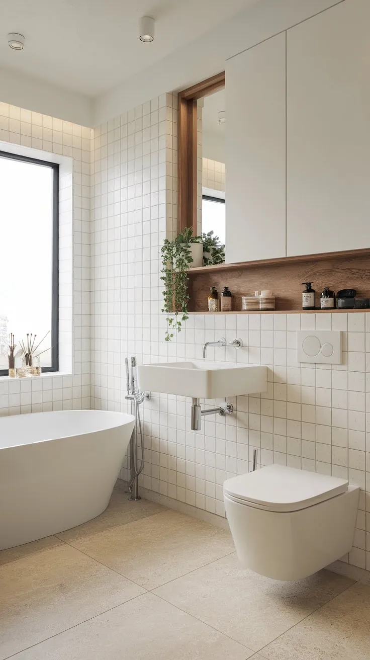 Serene sanctuary. This Japandi-inspired bathroom, with its minimalist design and calming white tiles, offers a tranquil escape. The freestanding tub, sleek sink, and thoughtful wooden accents create a space of understated elegance. A perfect blend of Japanese and Scandinavian aesthetics.