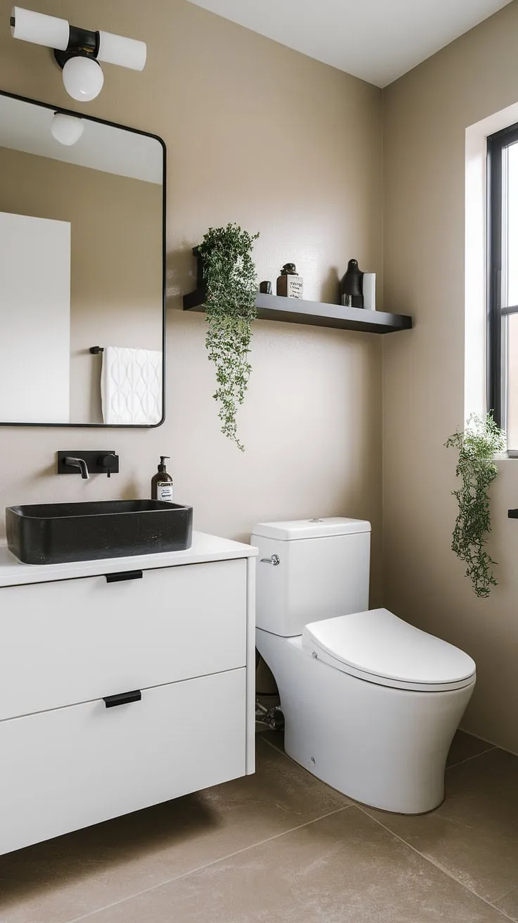 This Japandi-inspired bathroom is a study in understated luxury. The contrast between the white vanity and black sink is striking yet harmonious, while the beige walls and flooring provide a warm, neutral backdrop. A few carefully chosen decorative items add personality without disrupting the overall sense of tranquility. The result is a space that feels both modern and timeless.