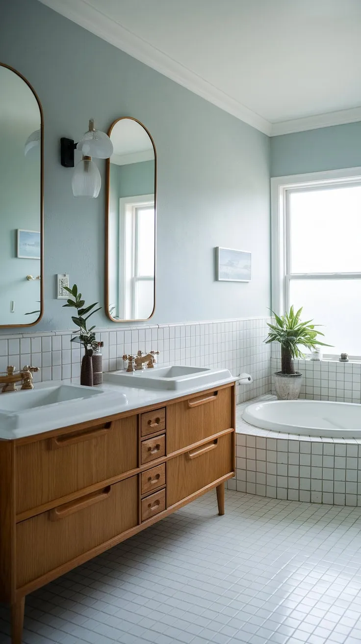 Find your zen in this exquisitely designed Japandi bathroom. The clean lines, natural materials, and calming color palette create a spa-like atmosphere. The double vanity is both practical and stylish, while the round tub near the window offers a perfect spot for unwinding after a long day. A simple yet sophisticated space for self-care.