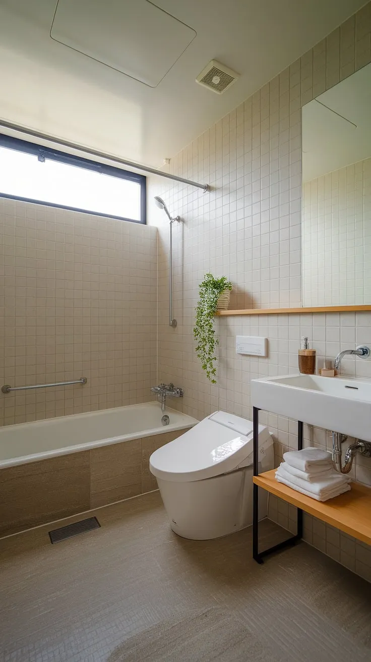 Serene simplicity defines this Japandi bathroom. The neutral palette, natural wood accents, and minimalist design create a spa-like atmosphere for ultimate relaxation. A perfect blend of Japanese and Scandinavian aesthetics.