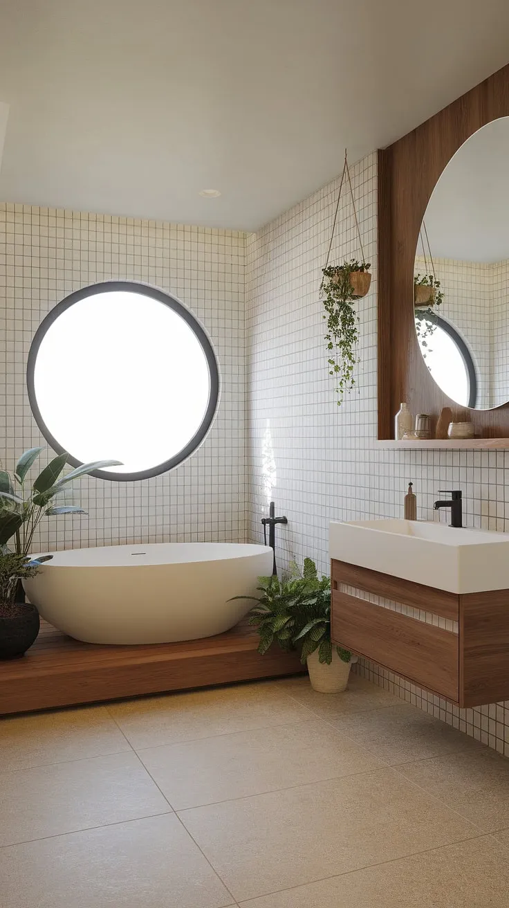 Find your center in this minimalist haven. A harmonious blend of Japanese and Scandinavian design principles, this bathroom showcases the beauty of simplicity. The white bathtub, wooden accents, and carefully curated plants create a spa-like atmosphere, promoting relaxation and well-being. A true oasis.
