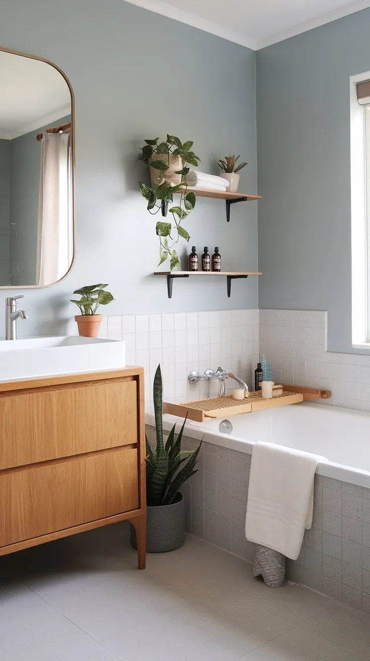 Serenity found in this Japandi-inspired bathroom. The calming light blue walls, wooden vanity, and minimalist aesthetic create a sanctuary for self-care, enhanced by the subtle scents of essential oils and the gentle touch of natural light. A perfect blend of modern design and tranquil atmosphere.