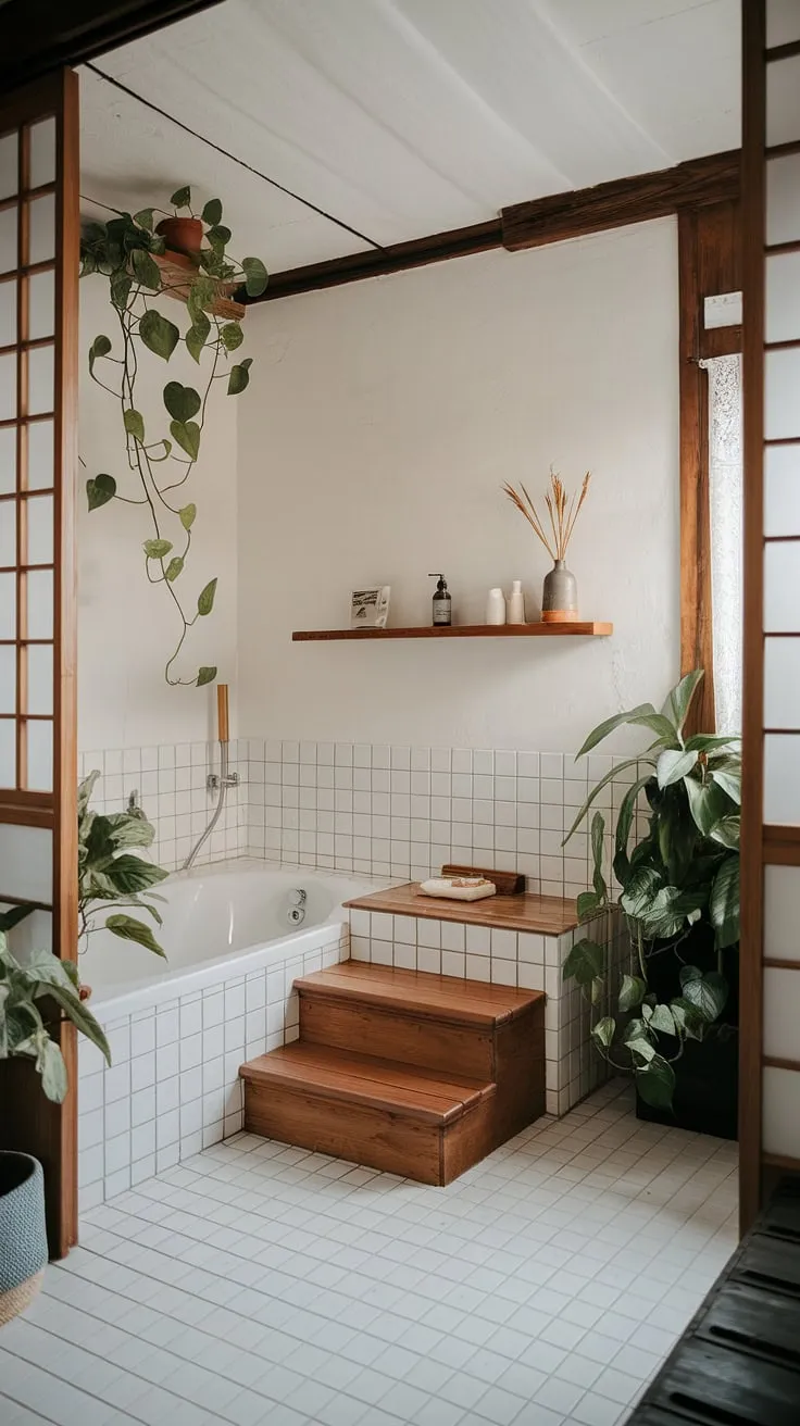 A minimalist haven: This Japandi bathroom seamlessly blends rustic charm with modern elegance. The wooden bathtub, elevated steps, and simple wooden shelf offer a tranquil escape, while the white tiles and soft lighting enhance the feeling of peace and quiet. The addition of greenery completes this calming space.