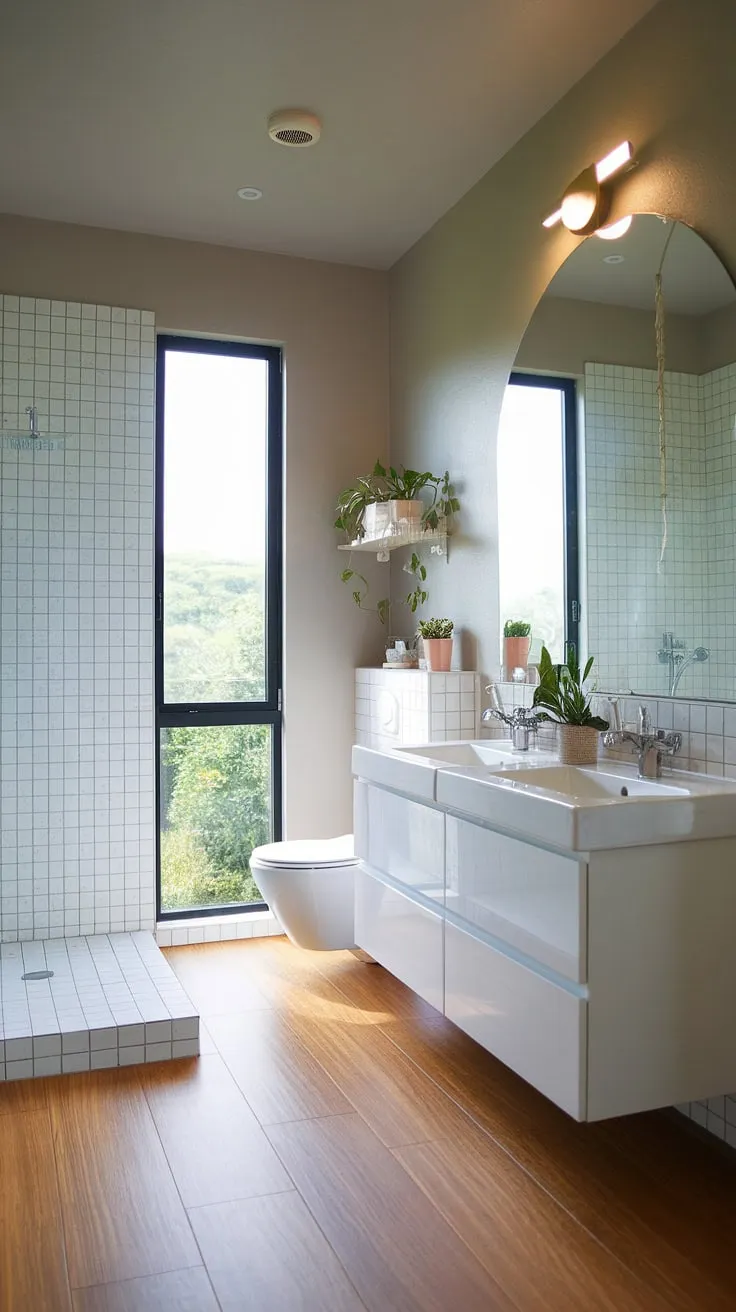 This minimalist Japandi bathroom is a sanctuary of calm. The light grey walls, wooden floors, and expansive window showcasing vibrant greenery create a harmonious atmosphere. The double vanity with its simple elegance and carefully placed plants completes the serene and functional design.