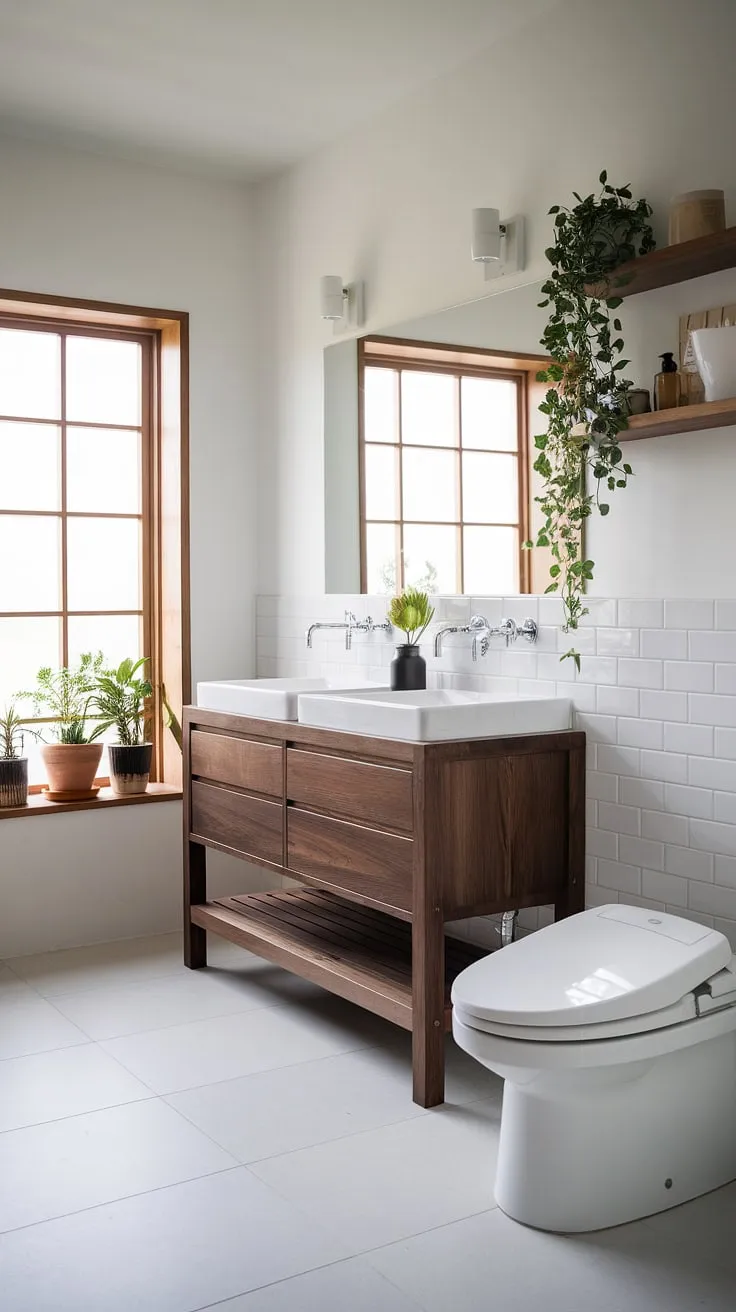 Find your center in this exquisitely designed Japandi bathroom. The dark wood vanity, with its double sinks, offers both practicality and a sophisticated aesthetic. A harmonious blend of Japanese minimalism and Scandinavian functionality is achieved through the thoughtful use of natural materials and clean lines, creating a spa-like retreat within your home. The floating shelf and potted plants add subtle touches of warmth and life.