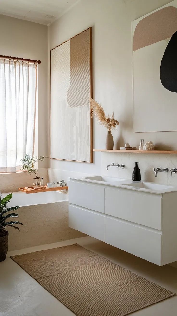 Serene sanctuary. Clean lines and natural textures create a calming oasis in this Japandi-inspired bathroom, where minimalist design meets mindful living. The artwork adds a touch of personality, while the subtle wooden accents and lush greenery bring warmth and tranquility to the space. A perfect blend of form and function.