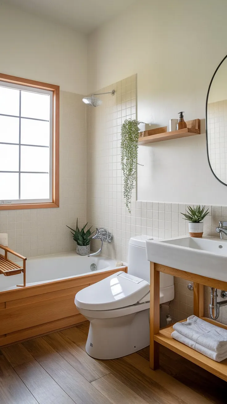 Find your center in this minimalist haven. The calming beige tiles, wooden accents, and carefully curated plants create a spa-like atmosphere. A testament to the beauty of simplicity, this Japandi bathroom is a true reflection of mindful living. A space designed for relaxation and rejuvenation.