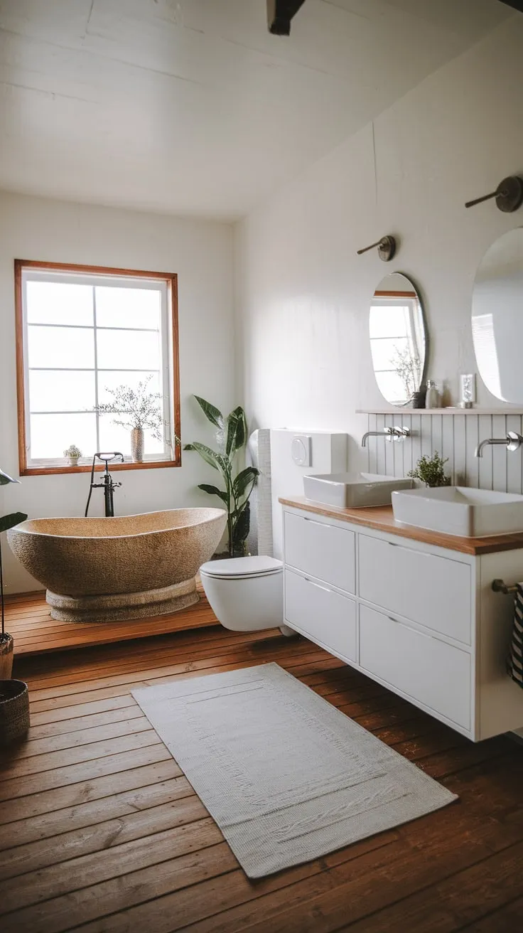 Escape to your own private sanctuary. This Japandi bathroom seamlessly unites clean lines and organic textures, creating a space of tranquility and understated elegance. The double vanity offers ample space, while the strategically placed tub provides a moment of peaceful escape. A harmonious balance of form and function.