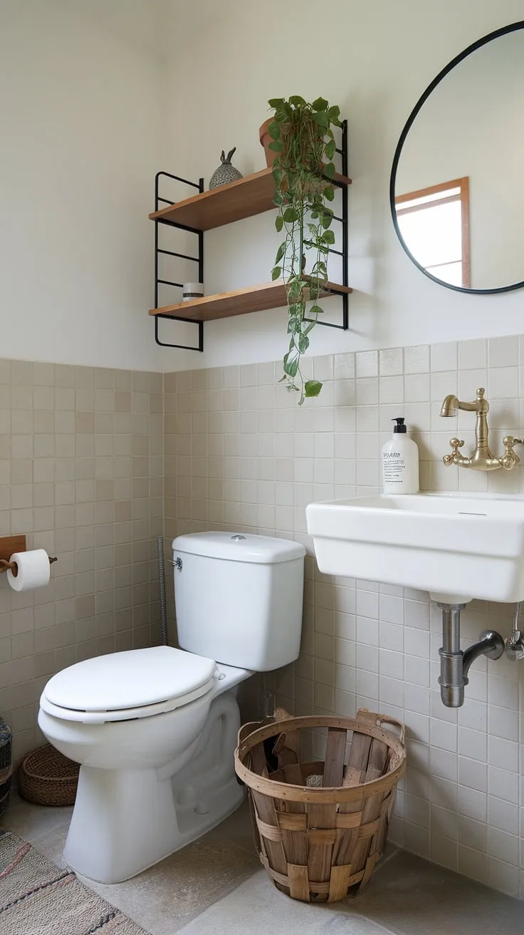 This modern Japandi bathroom is a testament to understated luxury. The beige tiles, wooden shelf with potted plant, and woven basket create a calming atmosphere, while the brass faucet adds a touch of sophisticated warmth. Clean lines and natural materials combine to form a sanctuary of peace and tranquility, perfect for unwinding after a long day.