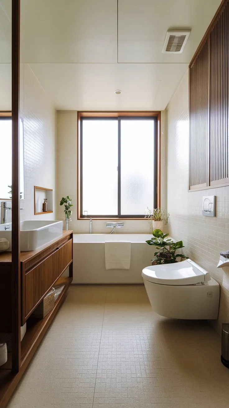 Find serenity in this minimalist Japandi bathroom. The clean lines, natural wood accents, and soft light create a tranquil oasis for self-care. A perfect blend of Japanese and Scandinavian design, this space embodies understated elegance.