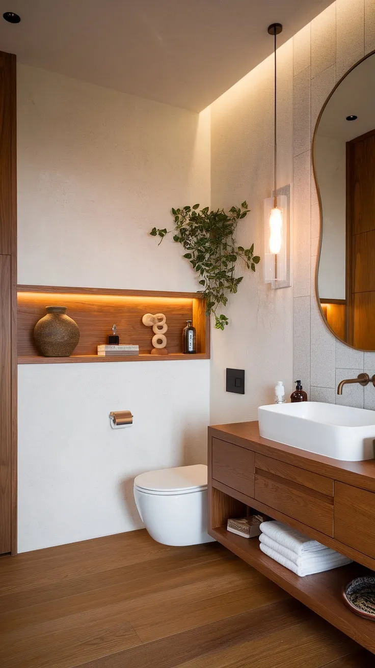 Serene simplicity meets modern functionality in this Japandi-inspired bathroom. The warm wood tones and minimalist design create a tranquil oasis for self-care, perfectly balancing clean lines with natural textures. A perfect blend of Japanese and Scandinavian aesthetics.