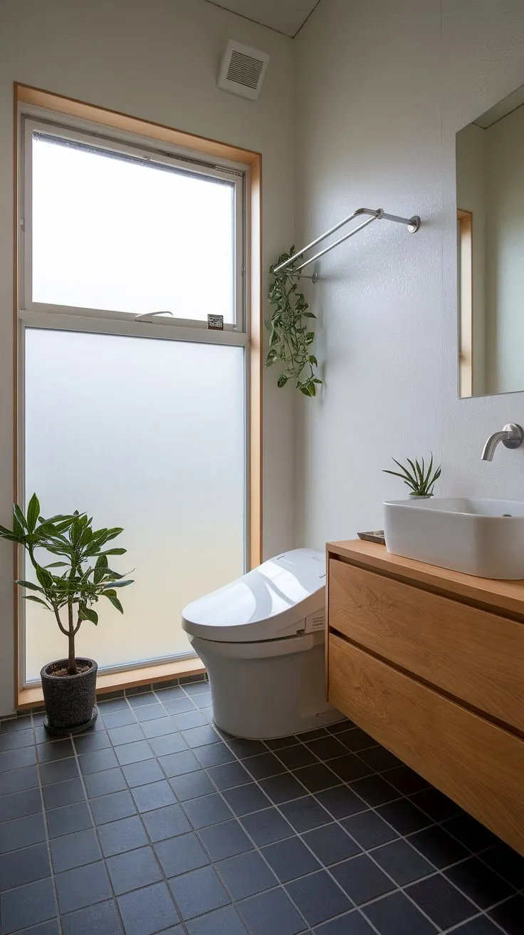 Serene simplicity defines this Japandi-inspired bathroom. The minimalist design, featuring a sleek white toilet and a warm wooden vanity, creates a tranquil oasis for daily rejuvenation. A touch of nature, courtesy of a small potted plant, adds a calming element to the space. The dark gray tiles and frosted glass window complete the sophisticated aesthetic.