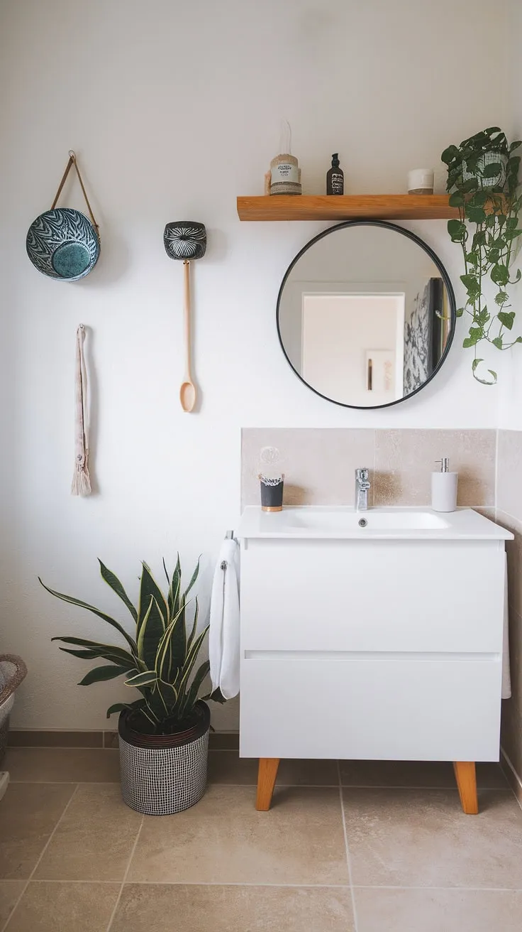 This Japandi bathroom embodies understated elegance. The simple white vanity and round mirror reflect light, enhancing the feeling of spaciousness. Natural wood elements, a potted plant, and thoughtfully placed personal items create a calming and inviting atmosphere, showcasing the beauty of a balanced and functional design.