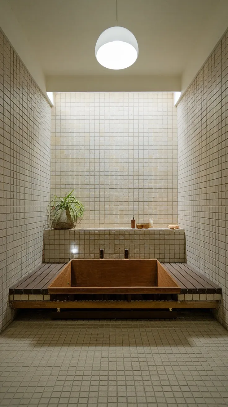 Find your zen in this exquisitely designed Japandi bathroom. The warm tones of the wooden bathtub and shelf, contrasted by the subtle texture of the beige brick wall, create a space of pure serenity. Simple, sophisticated, and utterly calming; this is a bathroom designed for mindful moments.