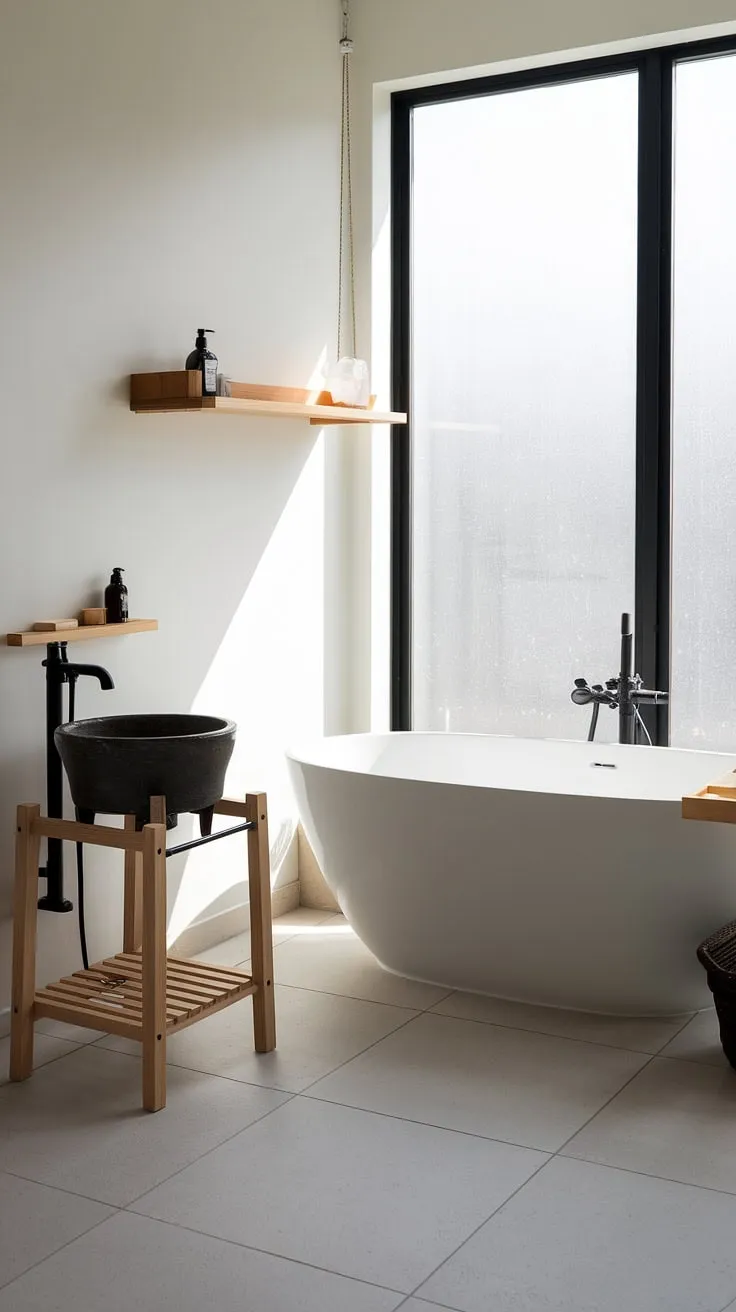Find serenity in this Japandi-inspired bathroom. Natural light floods the space, highlighting the freestanding tub and minimalist wooden accents, creating a sanctuary for relaxation and rejuvenation. The traditional washbasin adds an authentic touch, completing this harmonious blend of Japanese and Scandinavian design. A sense of calm permeates every detail.