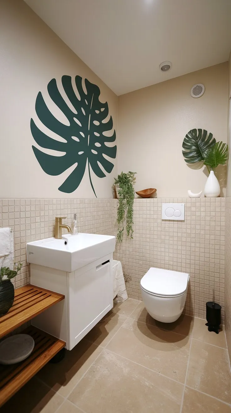 Find your zen in this exquisitely designed Japandi bathroom. Clean lines, natural materials, and a calming color palette create a space that is both beautiful and functional. The subtle pops of green add a touch of life, while the gold accents elevate the overall aesthetic. A true testament to the power of mindful design.