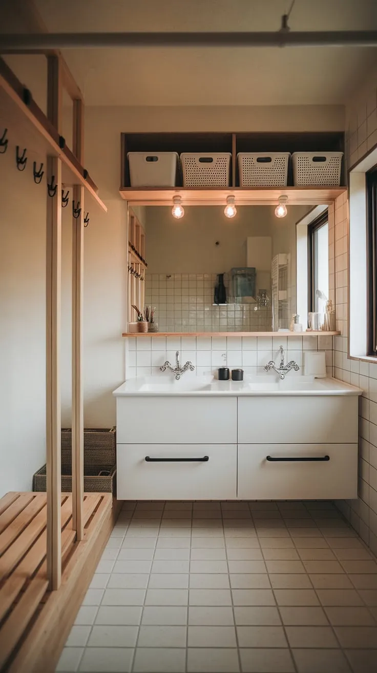 Serene simplicity defines this Japandi bathroom. The warm lighting, clean lines, and natural wood accents create a spa-like atmosphere, perfect for unwinding after a long day. A calming oasis where functionality meets minimalist design.