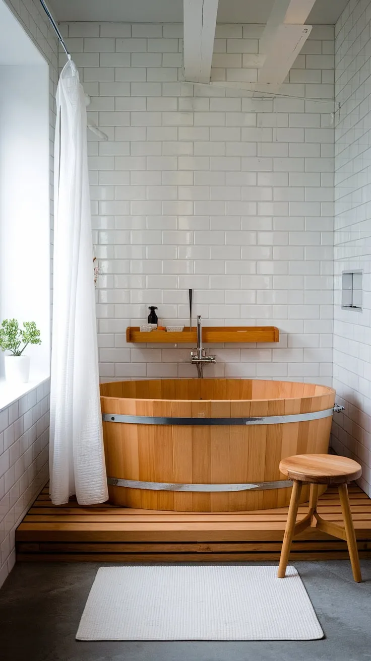 Find your sanctuary in this serene Japandi bathroom. The minimalist design, featuring a freestanding wooden bathtub and calming white tiles, creates a space of pure tranquility. A perfect escape for unwinding and reconnecting with yourself.