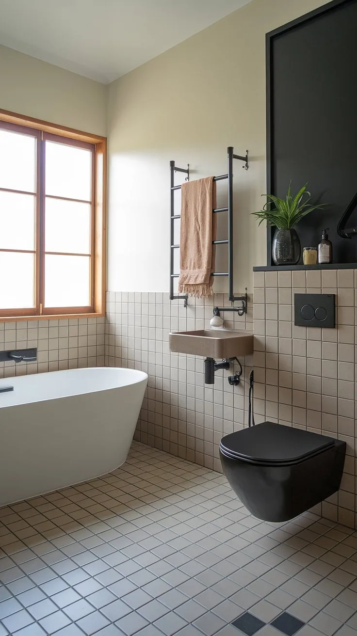 Serene minimalism meets modern functionality in this Japandi-inspired bathroom. The neutral beige and black palette, complemented by natural wood accents, creates a tranquil oasis for relaxation and rejuvenation. A freestanding bathtub invites unwinding, while the sleek fixtures ensure effortless elegance.