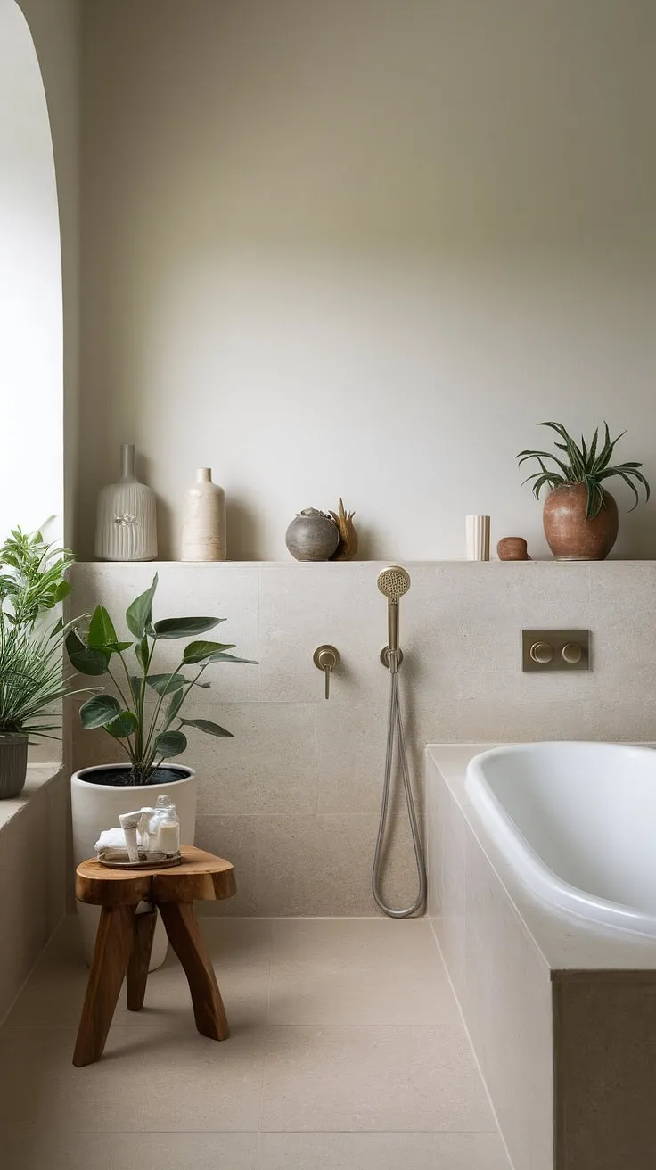 Find serenity in this minimalist Japandi bathroom. The clean lines, natural wood accents, and calming beige palette create a spa-like atmosphere perfect for unwinding after a long day. A simple wooden stool adds a touch of warmth, while carefully chosen plants bring life to the space. A testament to understated elegance.