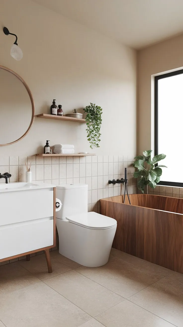 Find serenity in this minimalist Japandi bathroom. The warm tones of the wooden bathtub and vanity, complemented by the clean lines of the white fixtures, create a tranquil oasis for self-care. A touch of nature, courtesy of the potted plant, completes this harmonious space.