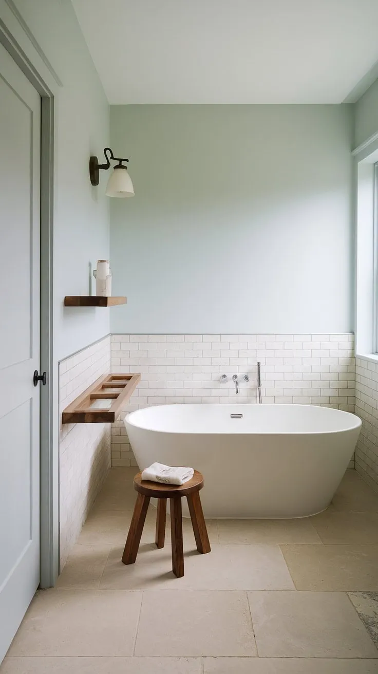 Find serenity in this Japandi-inspired bathroom. The freestanding tub, minimalist wooden accents, and calming blue walls create a sanctuary for relaxation and rejuvenation. A perfect blend of modern aesthetics and tranquil functionality.