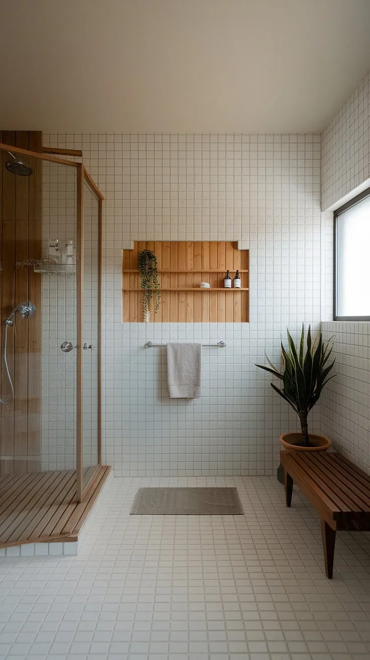 Find serenity in this minimalist Japandi bathroom. The clean lines and natural wood accents, complemented by the soft lighting, create a tranquil oasis for self-care. A perfect blend of Japanese and Scandinavian design principles results in a space that is both calming and functional.